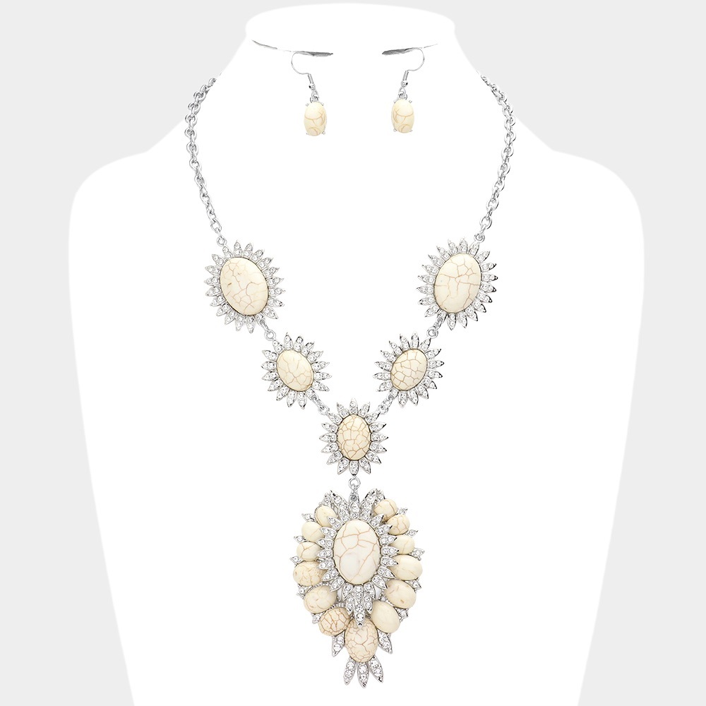 Natural Oval Stone Accented Link Necklace Earring Set